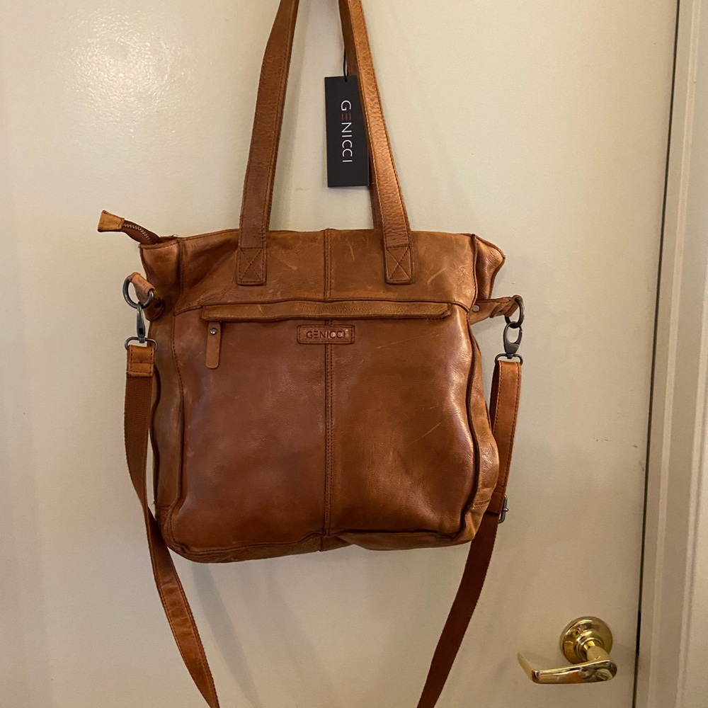 Genicci Cognac Leather Tote Bag